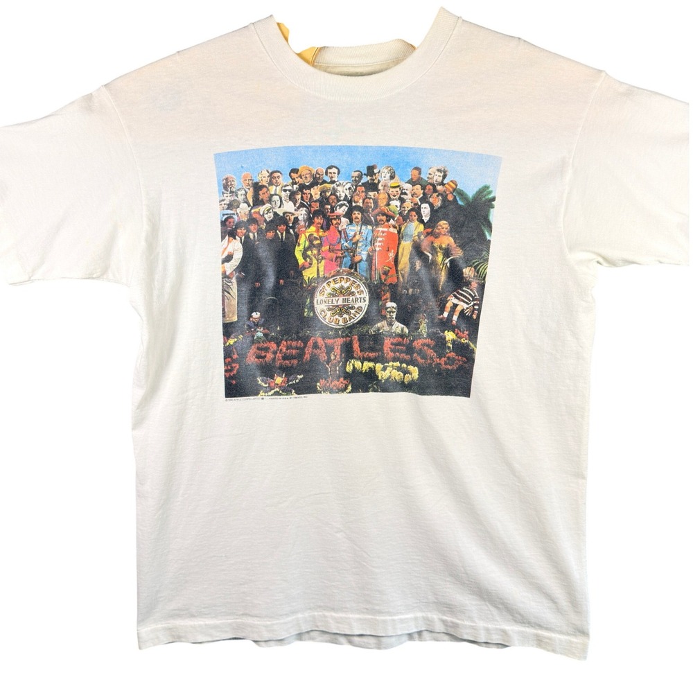 VINTAGE 90s The Beatles Sgt Pepper T-Shirt Men XL White Band Tee Trevco USA
